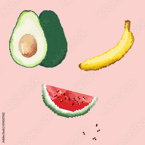 Avocado banana watermelon fruits logo template. Health food logotype. Avocado fruit whole and half. Pixel art. 8 bit