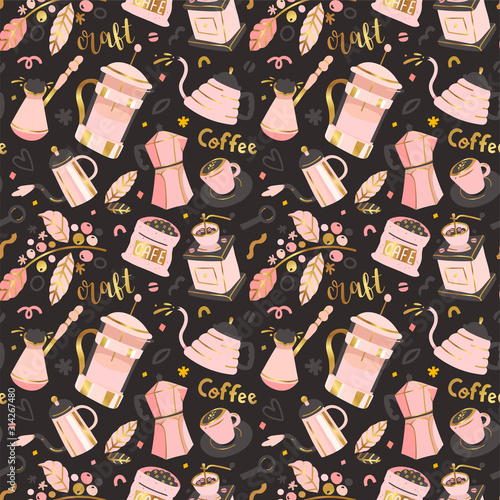Vector seamless pattern with coffee making tools and utensils in trendy flat hand drawn style. Good as repeat print for packaging, wallpaper or textile. Endless background for coffee shop or bar.