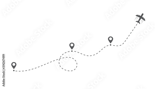 Airplane flight route. Flight tourism route path. Starting pin to destination point. Travel symbol. Vector illustration