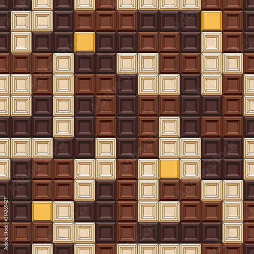 Seamless pattern with tetris made of chocolate cubes, sweets. Colored vector background.