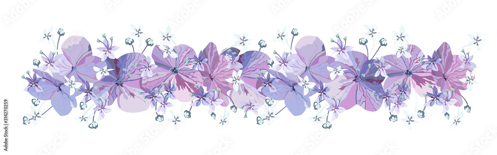 Decorative Floral border with purple flowers with buds and small