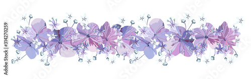 Decorative Floral border with purple flowers with buds and small light blue florets on white background.