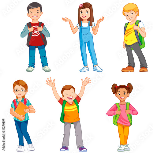Pupils with school backpacks. Set of kids with school supplies. School kids with books. Education cartoon vector isolated illustration