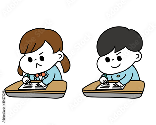 勉強　机に向かう男の子と女の子