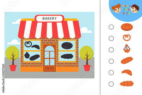 Education logic game for preschool kids. Kids activity sheet. Find the right shadow. Bakery products on shop shelves.  Children funny riddle entertainment.