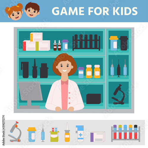 Education logic game for preschool kids. Kids activity sheet. Find the right shadow. Pharmacy. Set of medical items. Children funny riddle entertainment.