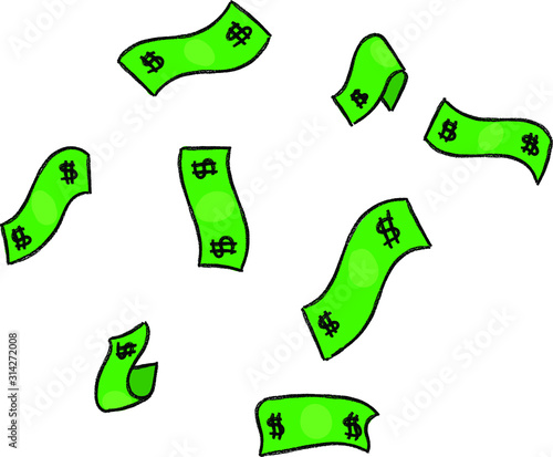 money flying, hand drawn vector illustration with crayon texture. isolated. American dollar falling set, USD paper notes flying in the air.