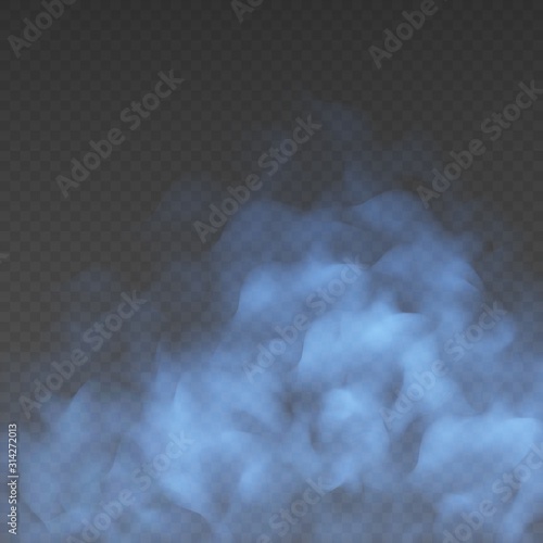 Blue fog or smoke cloud isolated on transparent background. Realistic smog, haze, mist or cloudiness effect. Realistic vector illustration.