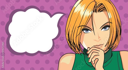 Vector illustration of beautiful girl thinking about something  thought bubble.