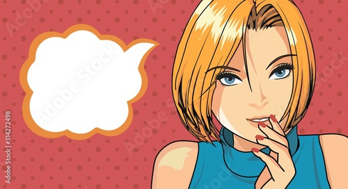 Vector illustration. The blond woman covered her mouth with her hand.