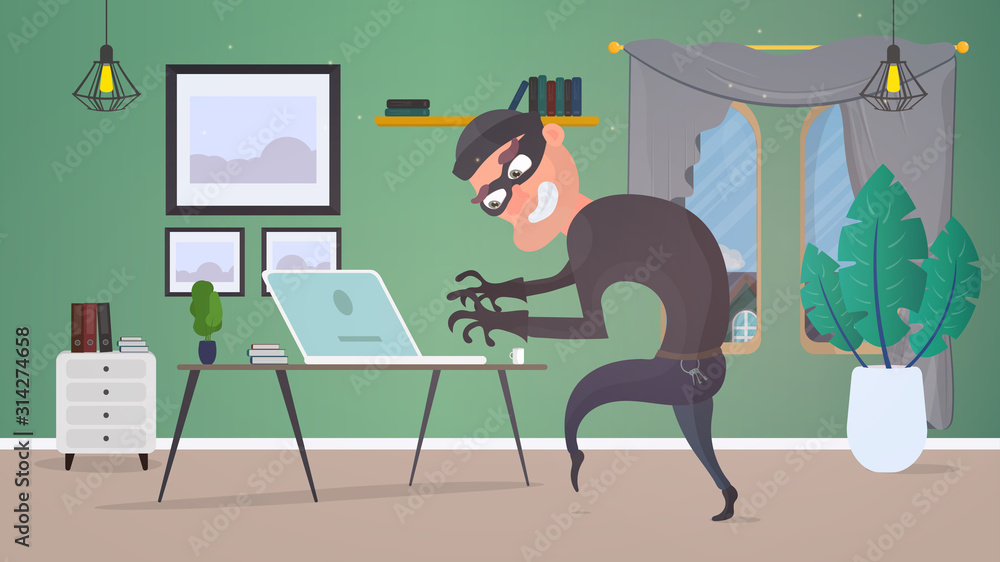 Thief in the house. A robber steals data from a laptop. Safety concept. Thief man stealing an apartment. A robber robbed a house. Flat style. 