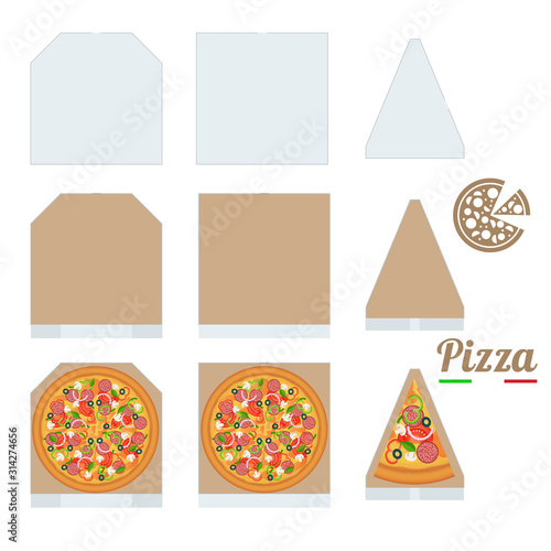 Pizza Box cardboard box Mockup Slice. Slice of fresh Italian classic Pizza isolated on white background. Hot Tasty Pizza, be used for design and branding.