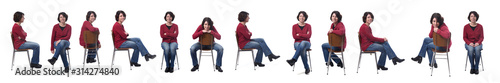 woman sitting on a chair with various poses on white