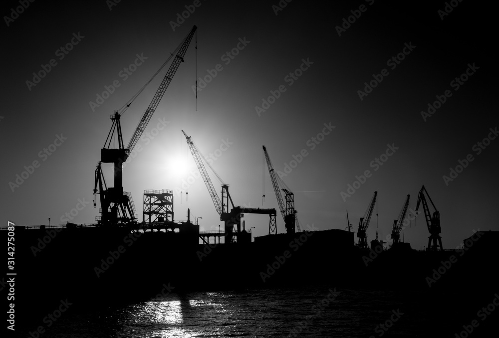 Obraz premium Hamburger Hafen Kran Kräne Container Terminal Elbe Deutschland Sonne Gegenlicht Silhouetten Technik Transport Verkehr Globalisierung Automatisierung Wirtschaft Übersee Kai Stimmung schwarz weiss