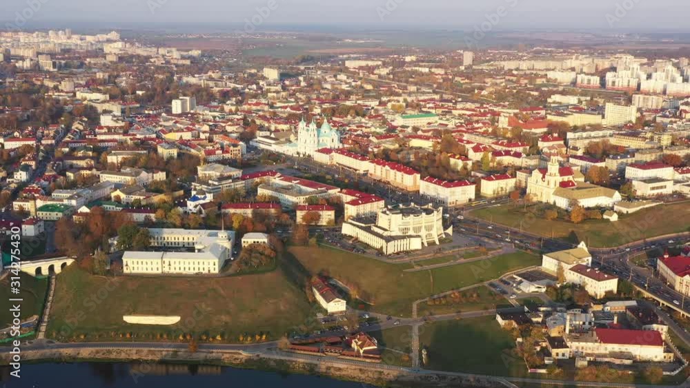 Grodno, Belarus. Aerial Bird's-eye View Of Hrodna Cityscape Skyline. Famous Popular Historic Landmarks In Sunny Autumn Day Grodno, Belarus. Aerial Bird's-eye View Of Hrodna Cityscape Skyline. Famous Popular Historic Landmarks In Sunny Autumn Day