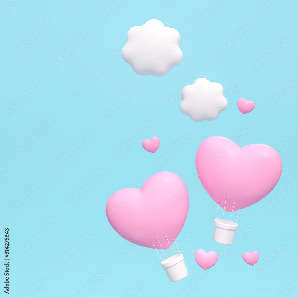 Heart shaped balloons and cute cloud withpink heart floating in the blue sky 3d rendering. 3d illustration freedom and relax love and Valentines Day greeting card template minimal concept.