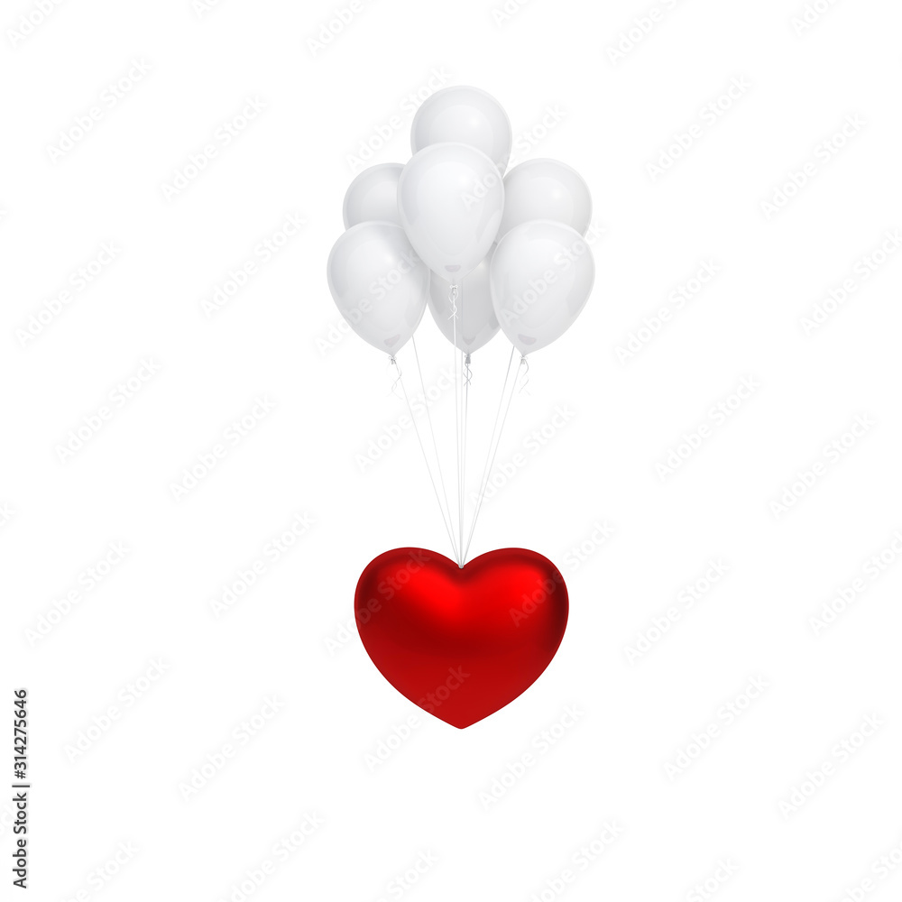 Outstanding metallic glossy red heart with white balloons floating on white background 3d rendering. 3d illustration true love and Valentines Day greeting card minimal concept.