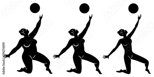 Collection. Silhouette of a cute lady, she is engaged in rhythmic gymnastics with a ball. The woman is overweight and a slender girl athlete. Vector illustration set
