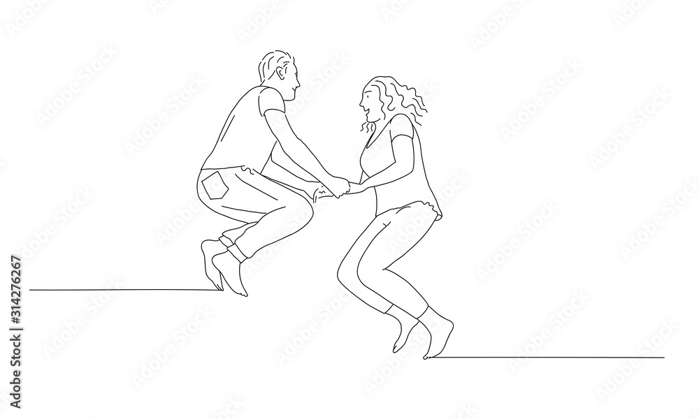 Line drawing of jumping couple. Man and woman. Vector illustration.