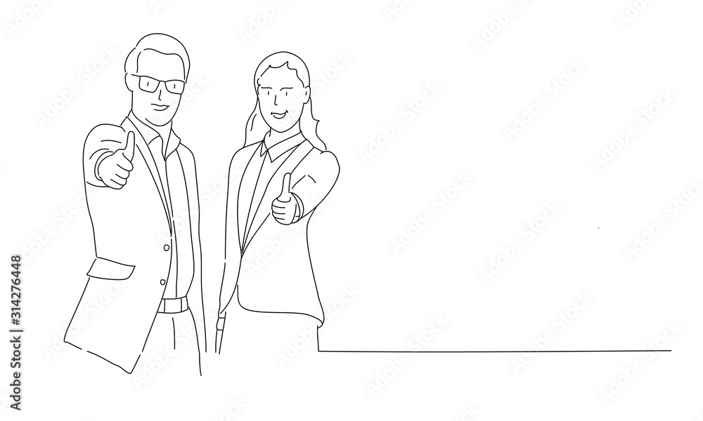 Line drawing of couple showing OK or approval sign with thumb up. Vector illustration.