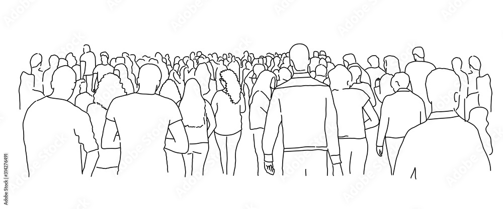 Crowd of people. Line drawing vector illustration. - obrazy, fototapety, plakaty 