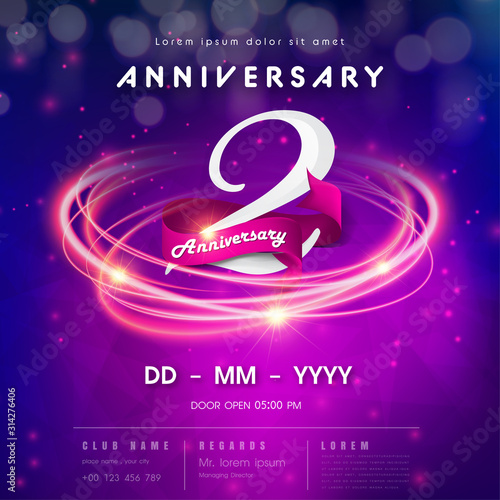 2 years anniversary logo template on purple Abstract futuristic space background. 2nd modern technology design celebrating numbers with Hi-tech network digital technology concept design elements.