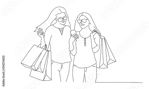 Line drawing of girls with bags. Women reading the message. Vector illustration.
