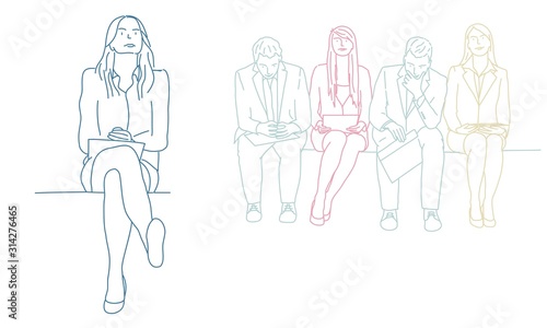 Group of people are waiting. Colour line drawing vector illustration.