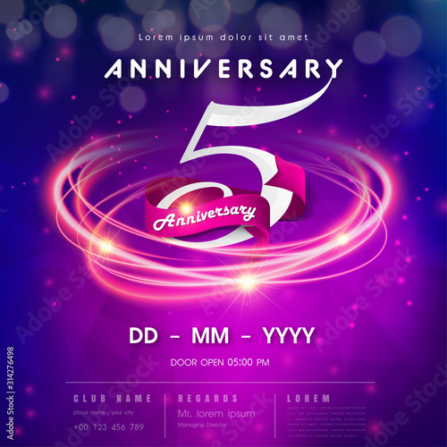 5 years anniversary logo template on purple Abstract futuristic space background. 5th modern technology design celebrating numbers with Hi-tech network digital technology concept design elements.