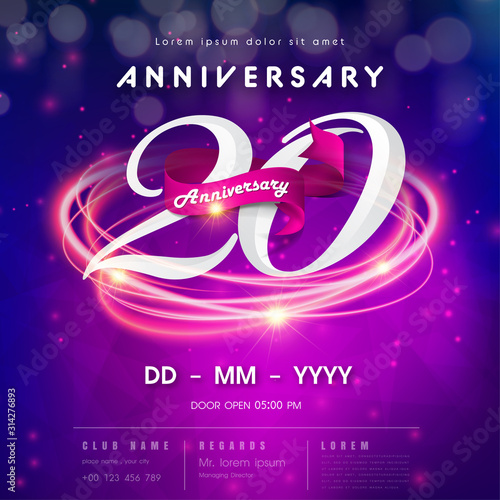 20 years anniversary logo template on purple Abstract futuristic space background. 20th modern technology design celebrating numbers with Hi-tech network digital technology concept design elements.