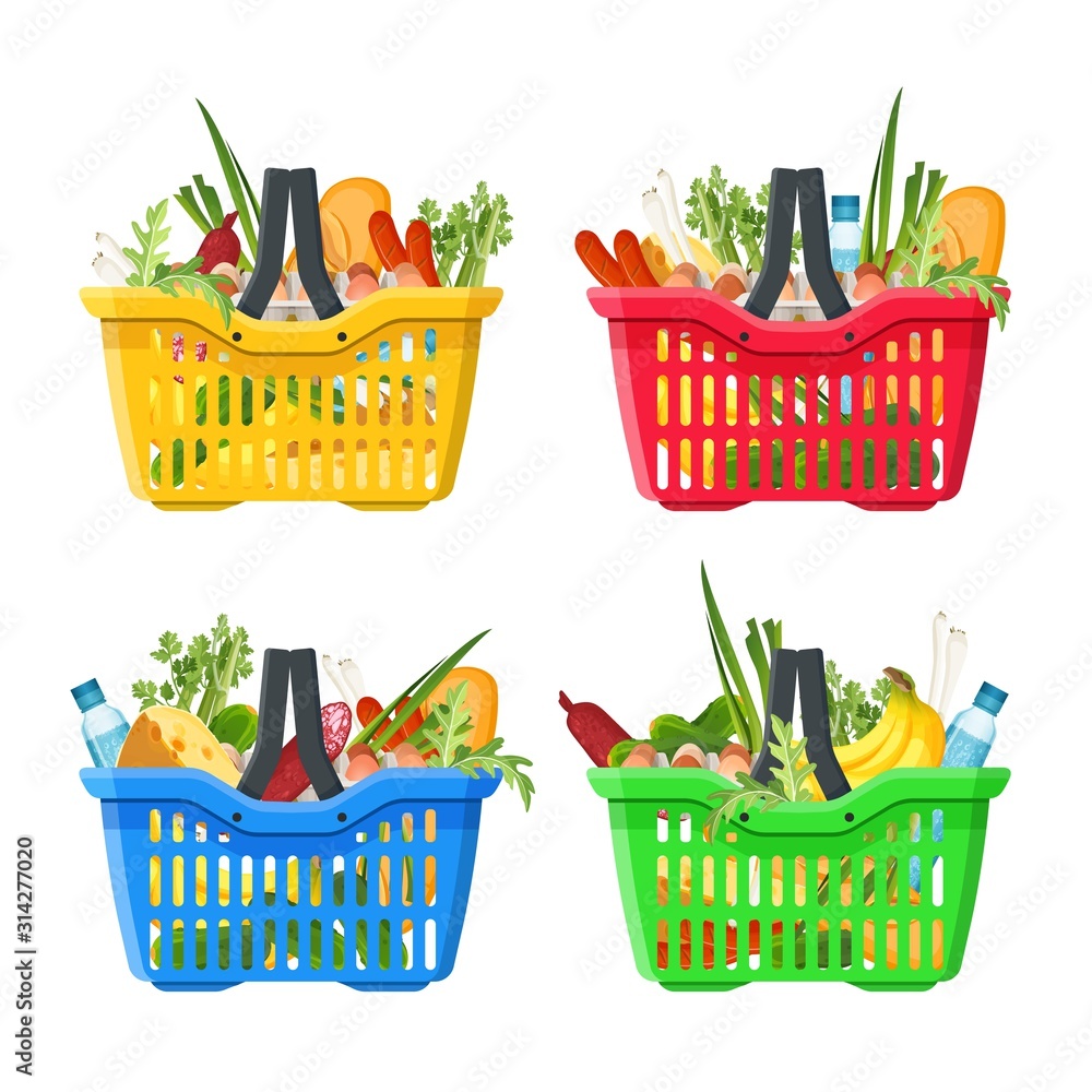 Full shopping basket of market food and products icons set. Organic fruit, vegetables and supermarket products. Vector