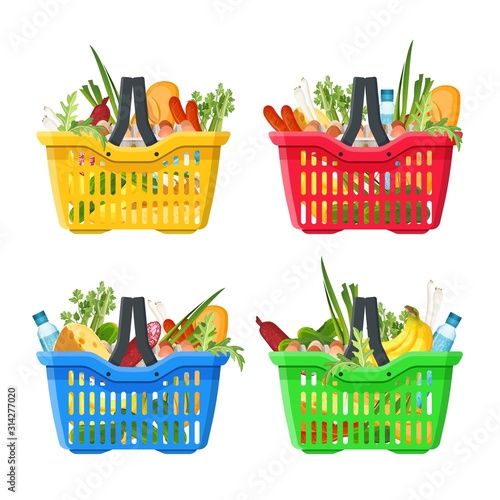 Full shopping basket of market food and products icons set. Organic fruit, vegetables and supermarket products. Vector