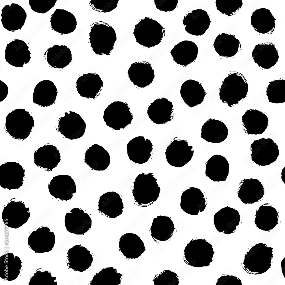 Seamless polka dot pattern hand drawn with a brush. Vector Monochrome Grunge texture of circles. Scandinavian background in a simple style for printing on textiles, paper, Wallpaper, print on t-shirts Seamless polka dot pattern hand drawn with a brush. Vector Monochrome Grunge texture of circles. Scandinavian background in a simple style for printing on textiles, paper, Wallpaper, print on t-shirts