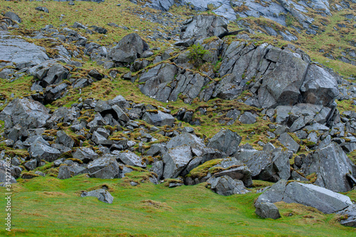 Stones on a mountain side overgrown by moss