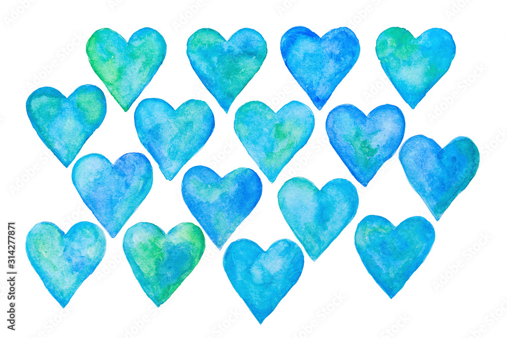 Fototapeta premium Set of blue abstract watercolour hearts, hand drawn hearts elements.