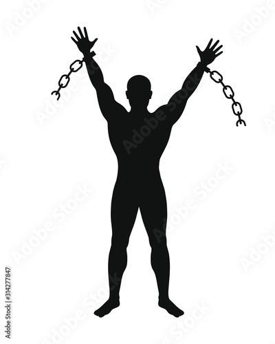 Free man sign. Broken chain graphic icon. Silhouette liberated man which broken chain. Freedom symbol. Vector illustration