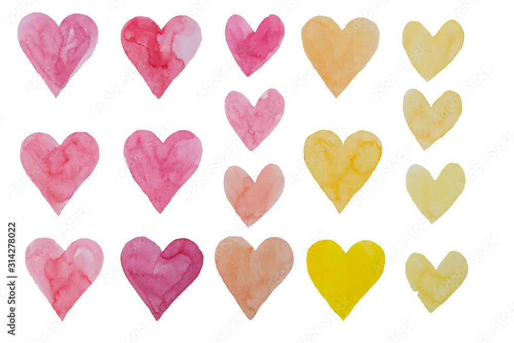 Valentine's Day hearts, watercolor hand painting pink and yellow isolated hearts.