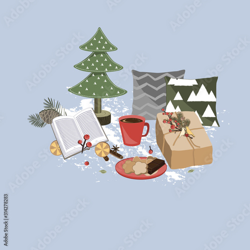 Christmas composition. Gift, pillows, fir tree branches, cocoa cup, and cookies on blue background. Christmas, winter, new year concept. Vector