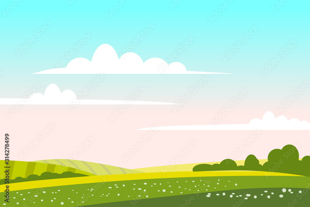 Countryside landscape green hill. Panorama nature fields blue sky clouds sun rural Countryside landscape green hill. Panorama nature fields blue sky clouds sun rural