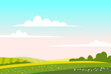 Countryside landscape green hill. Panorama nature fields blue sky clouds sun rural