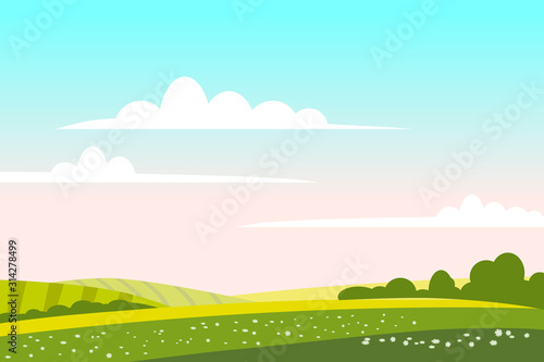 Countryside landscape green hill. Panorama nature fields blue sky clouds sun rural