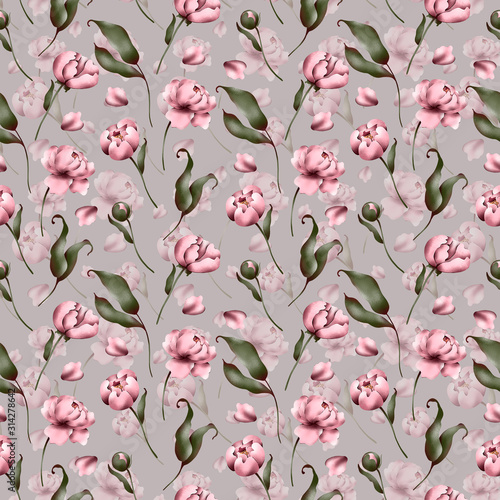 Digital flat illustration of elegant pink peonies seamless pattern from elements on a light gray background. Print for the design of cards, invitations, banners, fabrics, posters, paper.