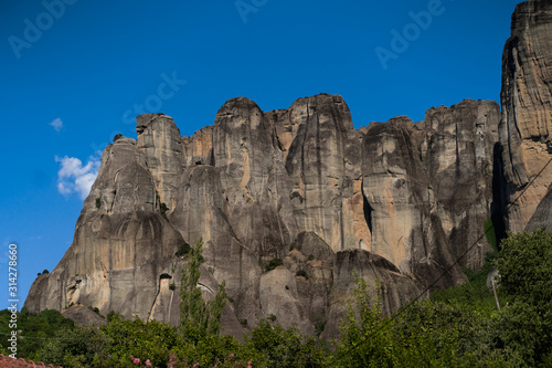 A unique geological phenomenon of the landscape with huge vertical cliffs, on top of which are Orthodox monasteries .. The wonder of nature. horizontal