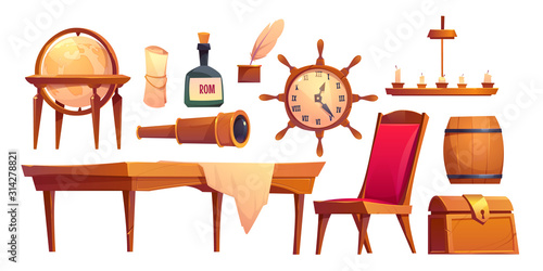 Vector set icons of pirate ship equipment. Cartoon illustration of treasure box, bottle of rum, spyglass and captain cabin furniture. Symbols of sea adventure for game or theme party
