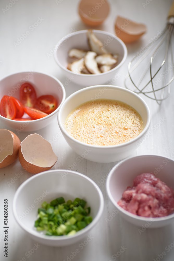 Food ingredients for making minced pork omelette in Thai style Food ingredients for making minced pork omelette in Thai style