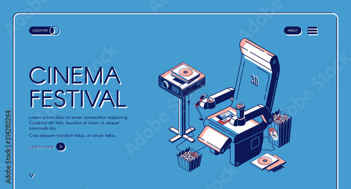 Cinema festival isometric landing page. Film projector stand near chair with popcorn, 3d glasses, tickets and cup on blue background. Movie time entertainment. Vector illustration, line art web banner