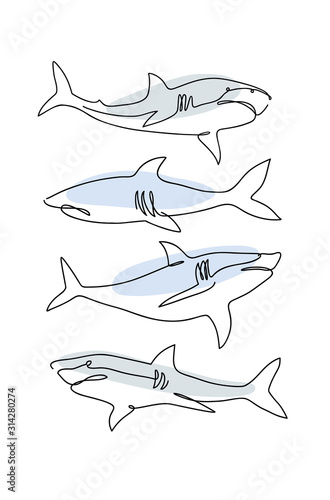 Four sharks are drawn in a continuous thin line.