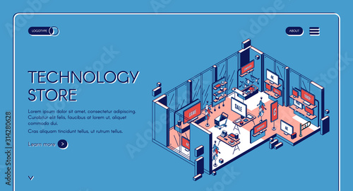 Technology store isometric landing page. Empty mall interior with electronic production, computer game panels, 4K tv monitors, gaming gadgets, counter desk 3d vector line art illustration, web banner