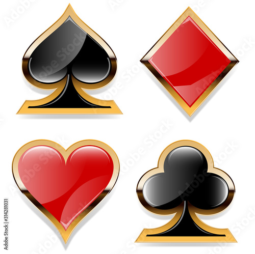 Casino vector suits  with golden elements. Hearts, Diamonds, Clubs, Spades