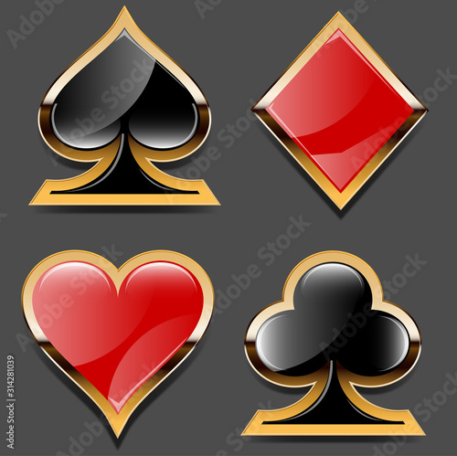 Casino vector suits  with golden elements. Hearts, Diamonds, Clubs, Spades